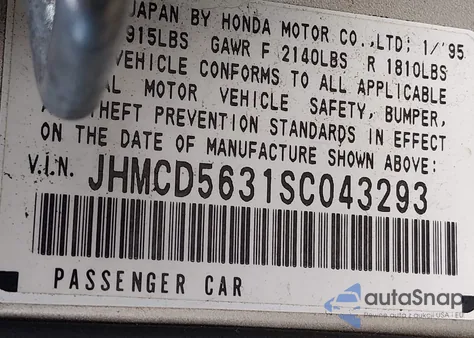 1995 Honda Accord Lx from USA, damaged, VIN JHMCD5631SC043293